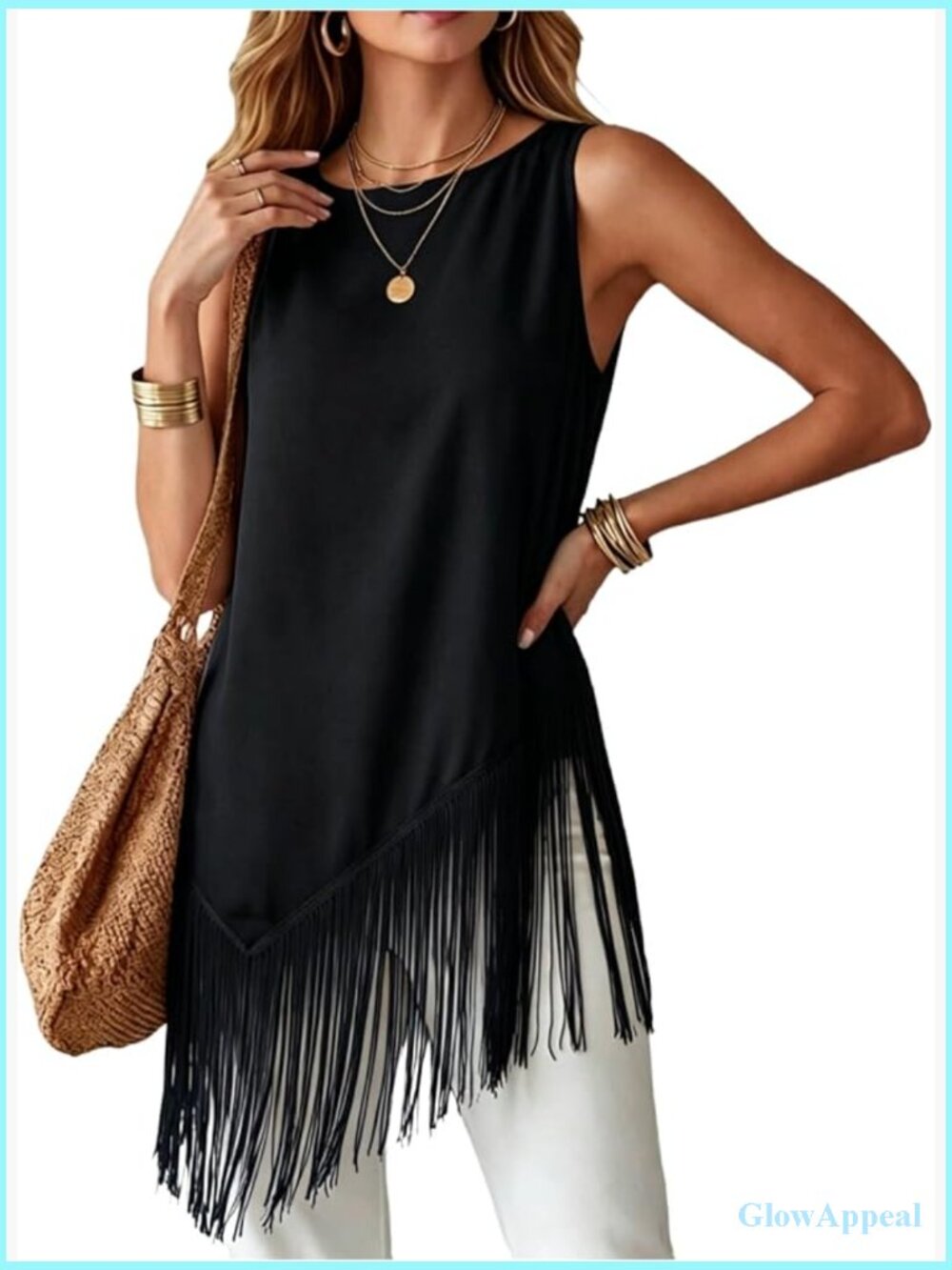 Fringe Hem Sleeveless Crew Neck Tank Top Blouse Dressy Casual Concert